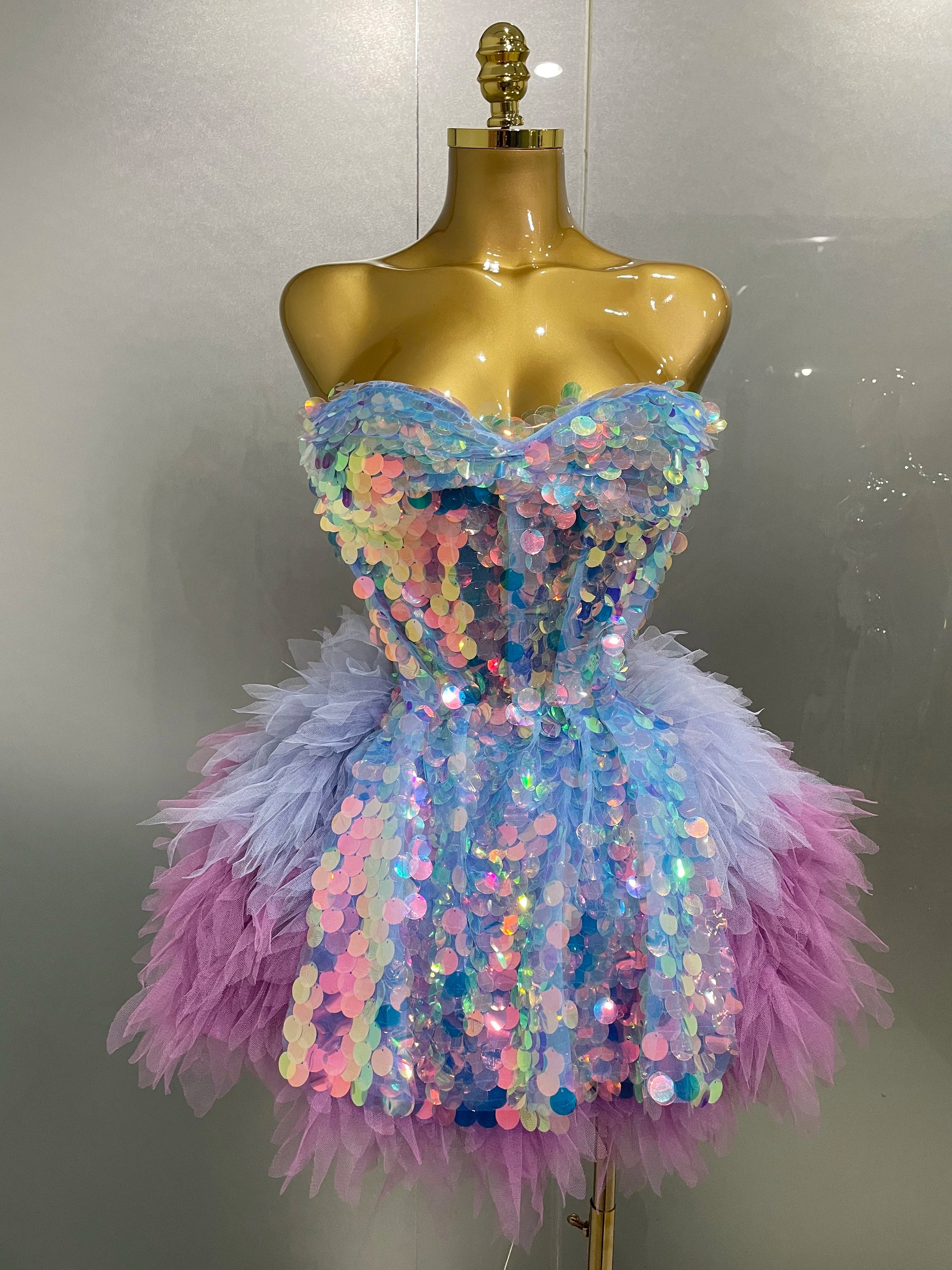 2025 New Stage Costume Women's Sparkly Sequin Mesh A Line Top Skirt 2 Pieces Set Nightclub Party Birthday Dress Photo Shoot Wear Pink