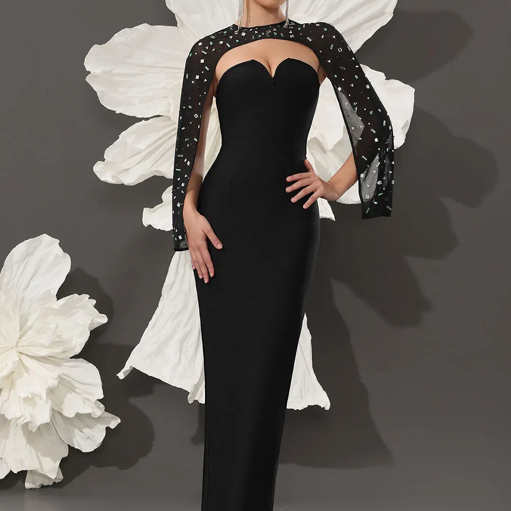 2025 Sexy Women's Light Luxury Nail Bead Shawl+Strapless Sleeveless Bandage Dress Set Fashion Bodycon Long Dress Party Vestidos