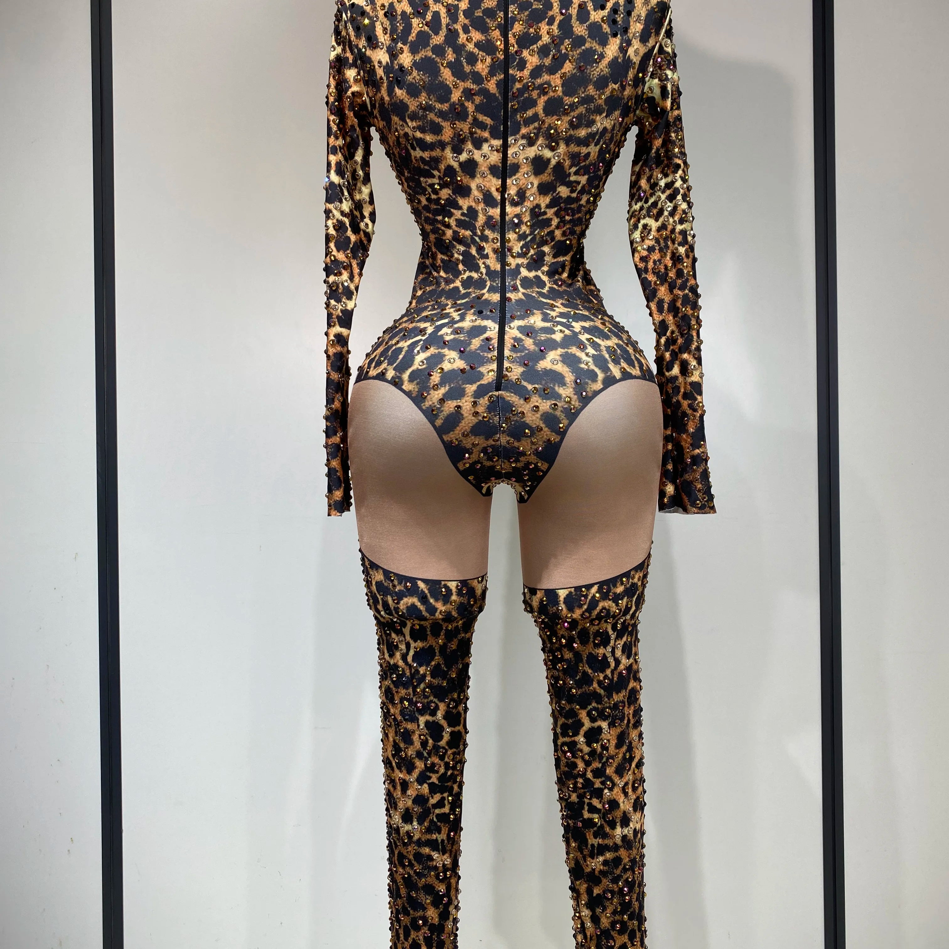 Women 2025 Stretch Leopard Print Sexy Bodycon Jumpsuit Bar Nightclub Singer Dancer Luxury Diamond Stage Performance Outfit
