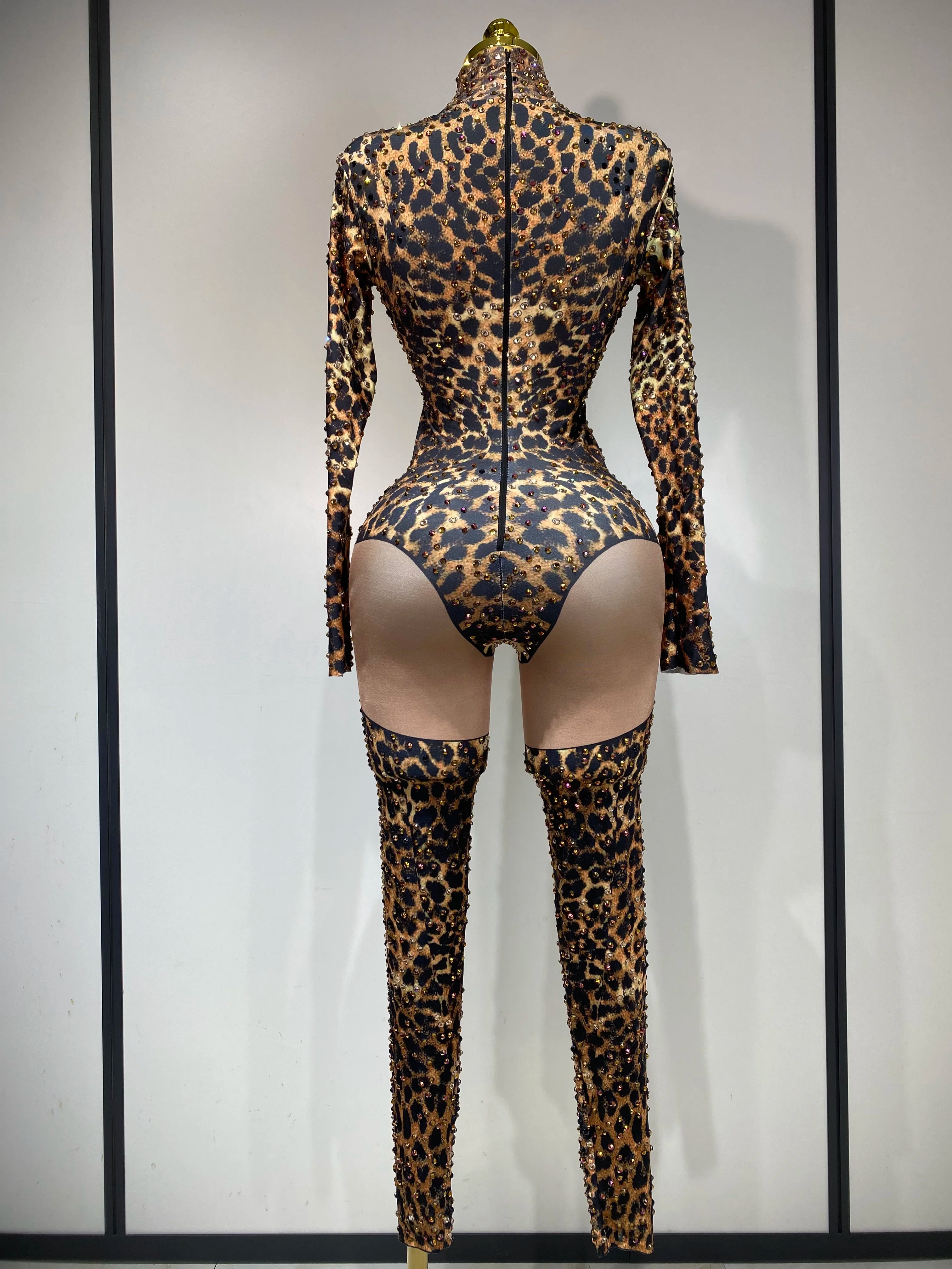 Women 2025 Stretch Leopard Print Sexy Bodycon Jumpsuit Bar Nightclub Singer Dancer Luxury Diamond Stage Performance Outfit