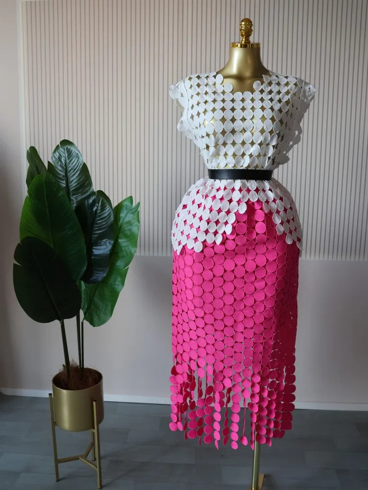 CM.YAYA Women Cutout O-neck Crop Top and Bodycon Midi Slim Maxi Long Skirt Suit 2025 Summer Vacation Sexy Two 2Piece Set Outfits