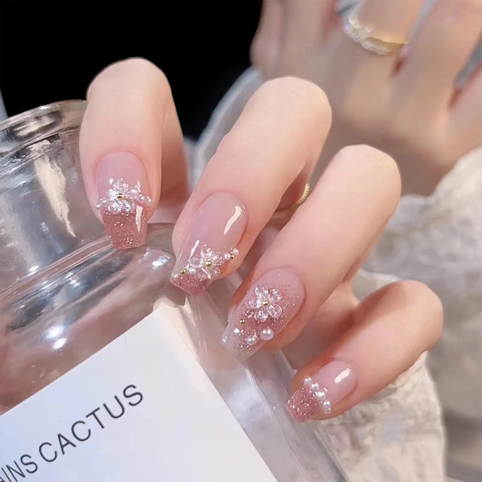 24Pcs Red Fake Nails with 3D White Flower Design Mid Length Coffin Press on Nails Wearable Korean Sweet Flower False Nails 12