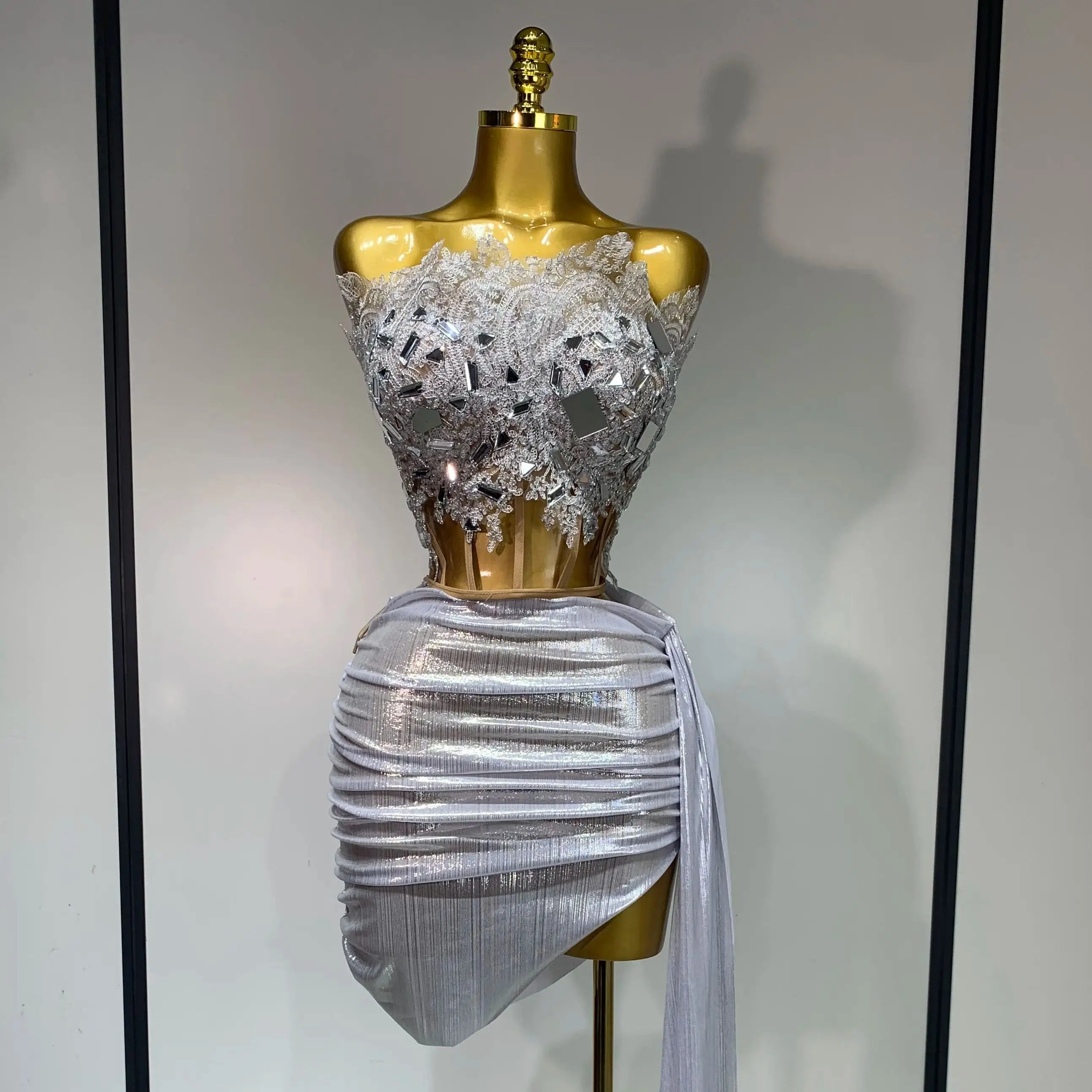 Women Birthday Party Rhinestones Tassels Transparent Short Dress Dance Show 2025 New Sexy Fashion Gold Sparkly Stage Costume style2