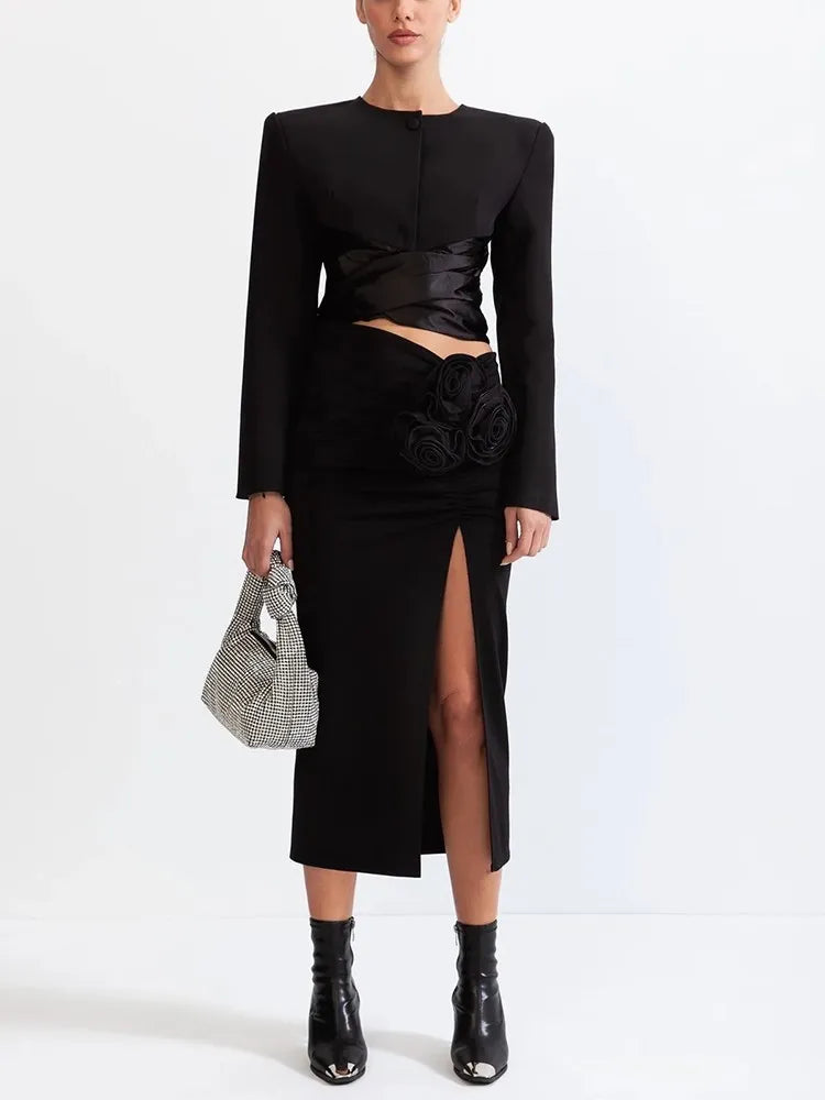 Chic Two Piece Set For Women Round Neck Long Sleeve Top High Waist Spliced Appliques Skirt Elegant Sets Female New