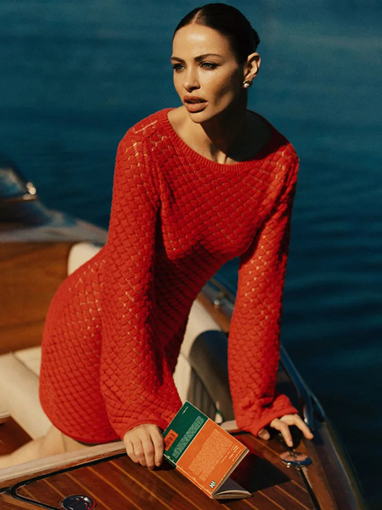 Mozision Backless Long Sleeve Knit Mini Dress For Women Fashion Elegant Spring Summer See Through Beach Holiday Dress Beachwear