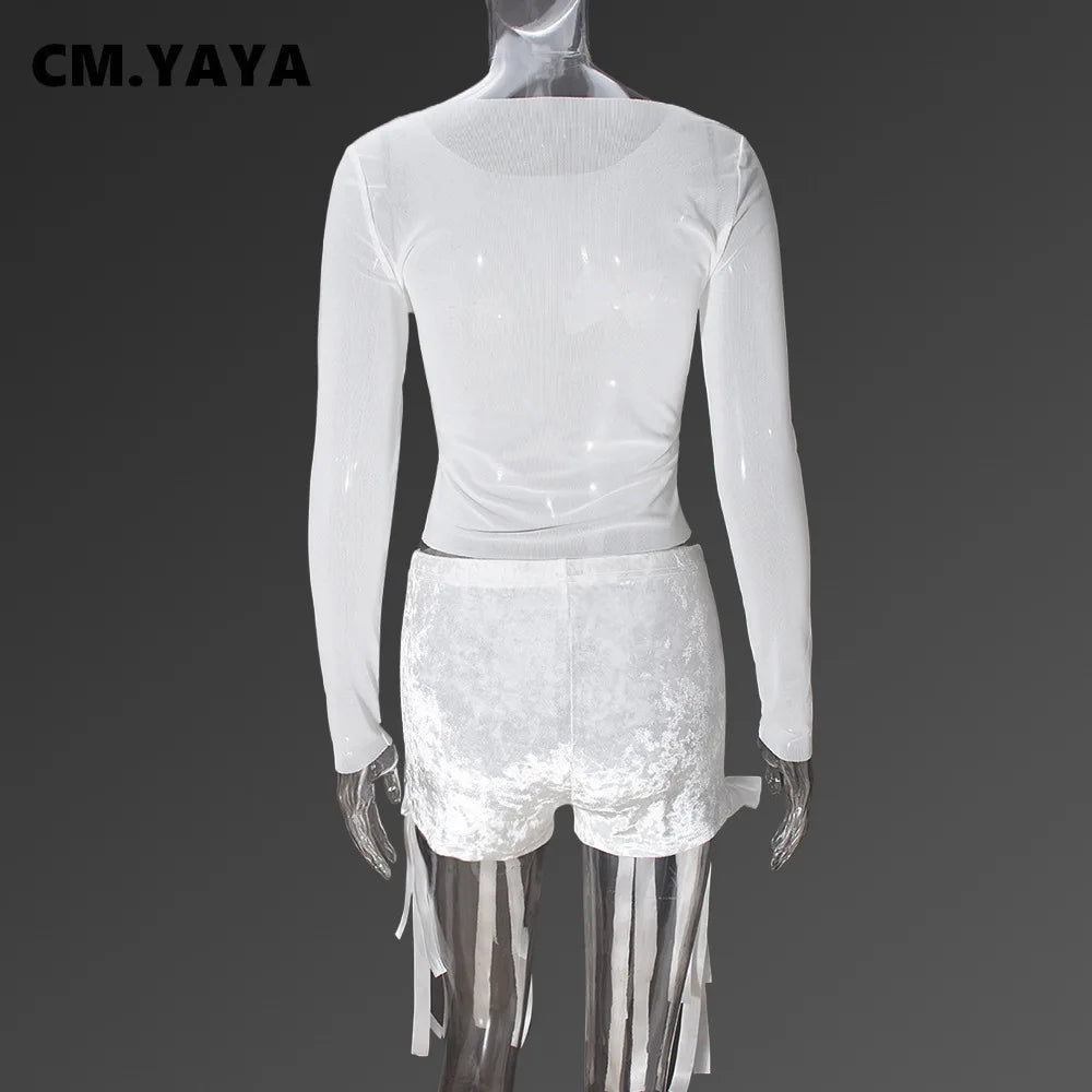 Women's Set Bow O-Neck Mesh Long Sleeve Tops + Velvet Shorts Suits Streetwear Sexy Two 2 Piece Outfits Tracksuits Summer