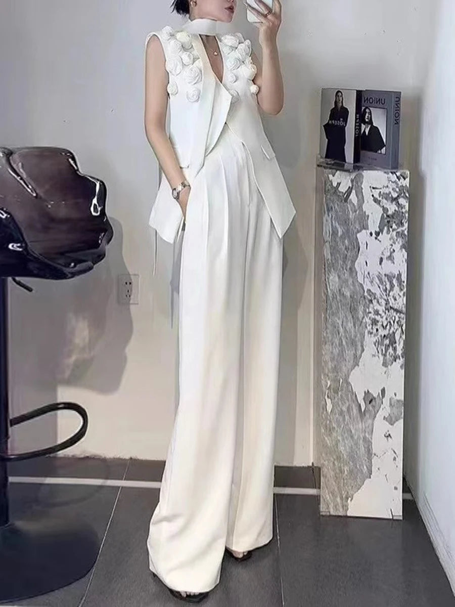 Solid Spliced Applique Two Piece Sets for Women V Neck Sleeveless Patchwork Lace Up Top High Waist Skirt Set Female