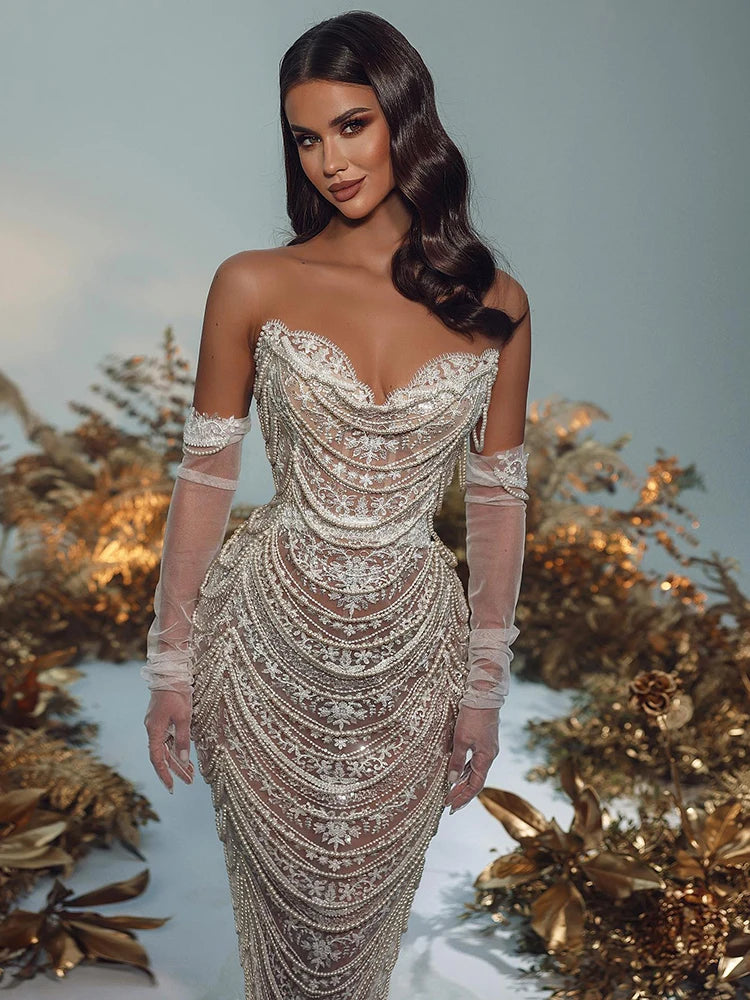 Women'S Evening Dress Luxury Pearl Chain Eelgant Mermaid Maxi Long Gown With Gloves Celebrity Party Vestidos