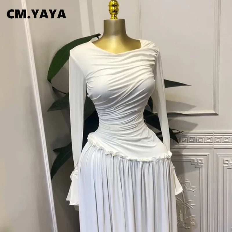 CM.YAYA Women Full Sleeve O-neck Elegant Long Dress Edible Tree Fungus Sweet Holiday Beach Evening Sexy Party Dresses Vestidos