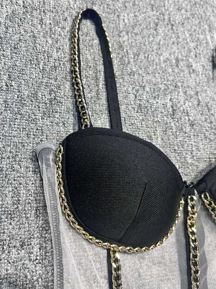 Black Bandage Short Dress Women 2024 Fashion Summer Sexy Spaghetti Strap Mesh Patchwork Perspective Mini Dress