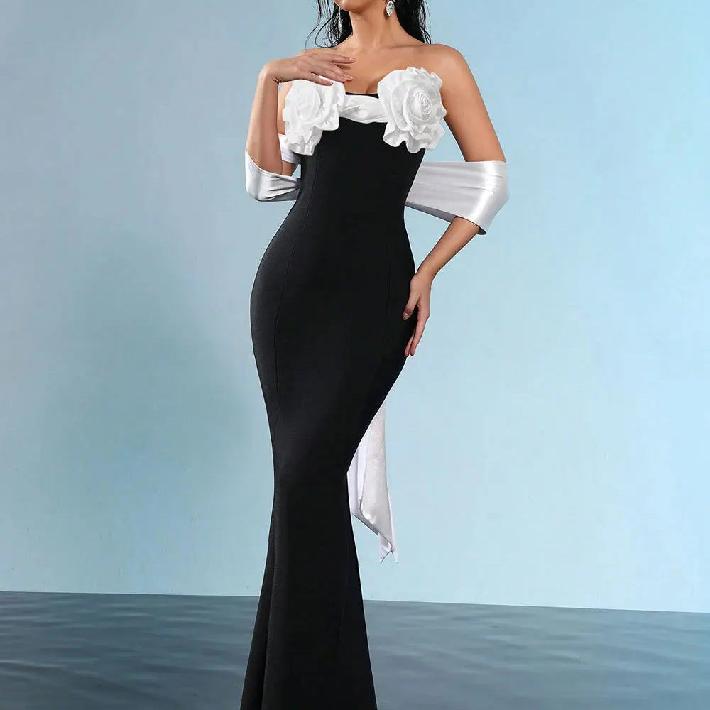 2025 Sexy Women'S Three-Dimensional Flower Design Bandage Dress Strapless Shoulder Strap Sleeve Bodycon Backless Long Dresses