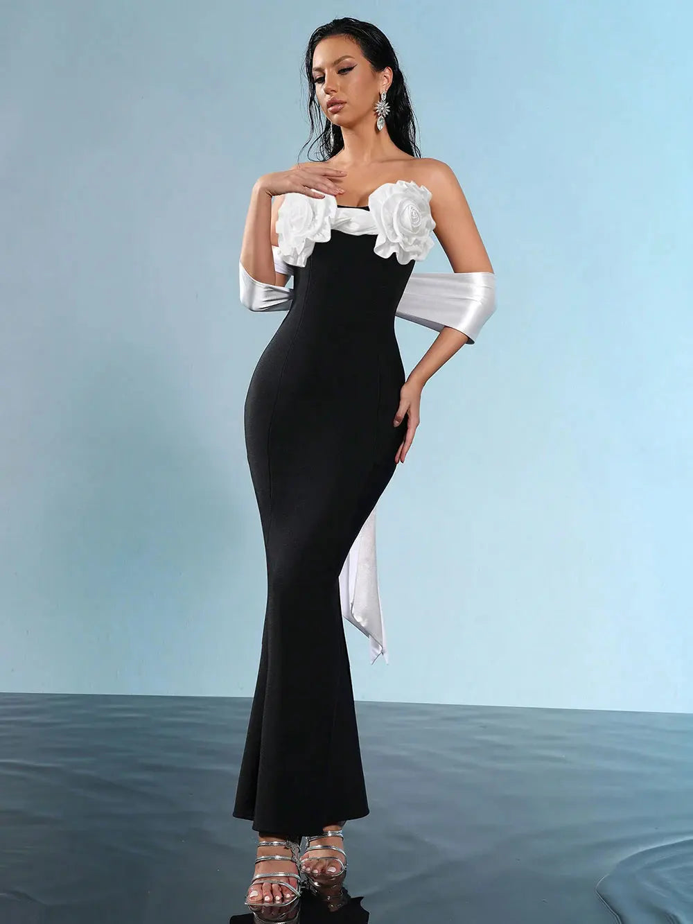 2025 Sexy Women'S Three-Dimensional Flower Design Bandage Dress Strapless Shoulder Strap Sleeve Bodycon Backless Long Dresses