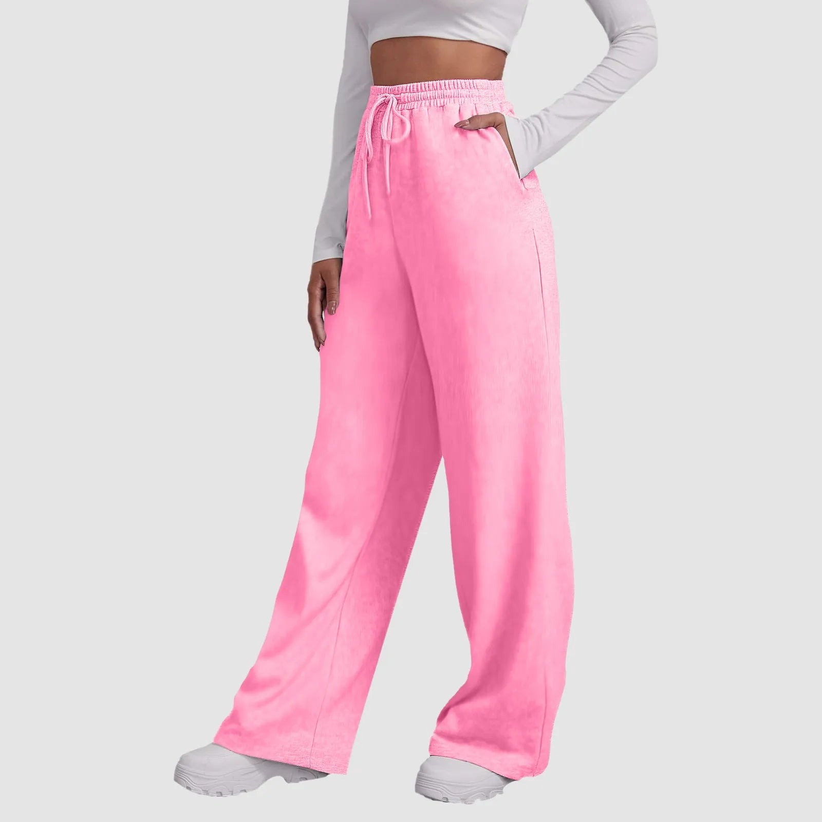 Wide Leg Pants For Women’S Fleece Lined Sweatpants Straight Pants Bottom All-Math Plain Fitness Joggers Travel Basic Pants Pink-C