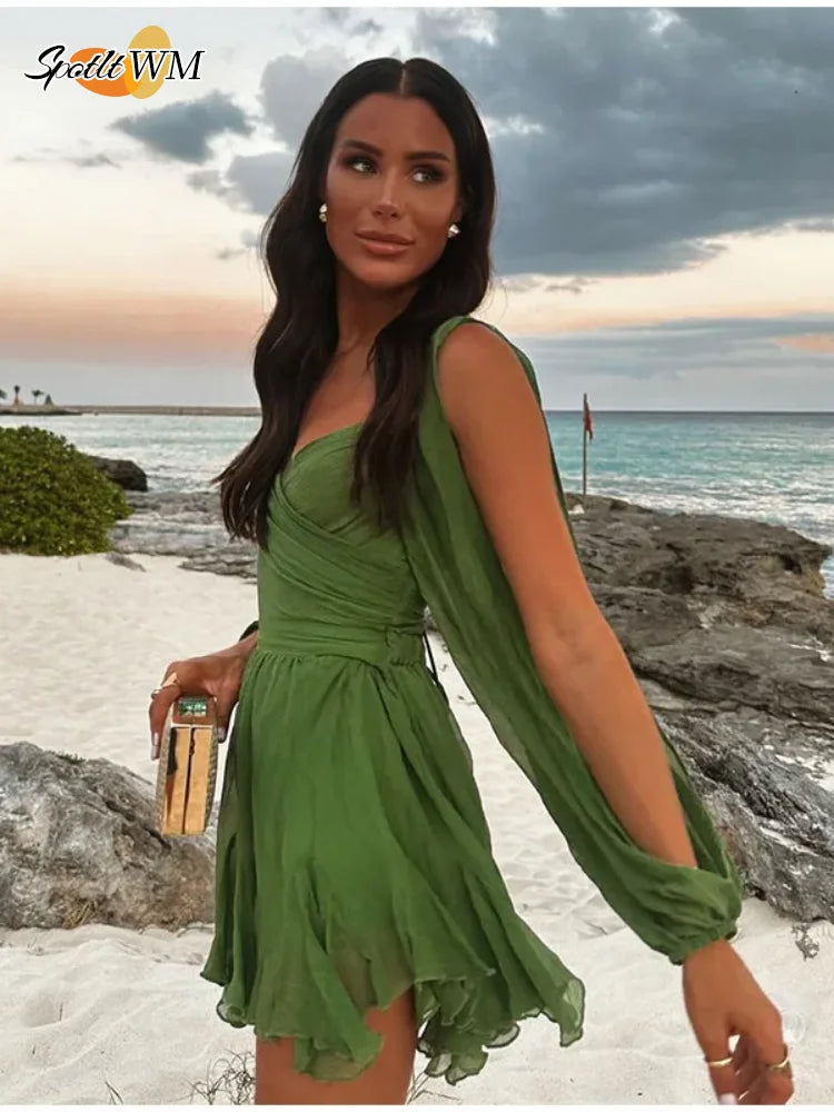 Chiffon Green Ruffles Mini Dresses Women Elegant Long Sleeve A Line Beach Robe Fashion Lady Ruffles Holiday Summer Party Vestido