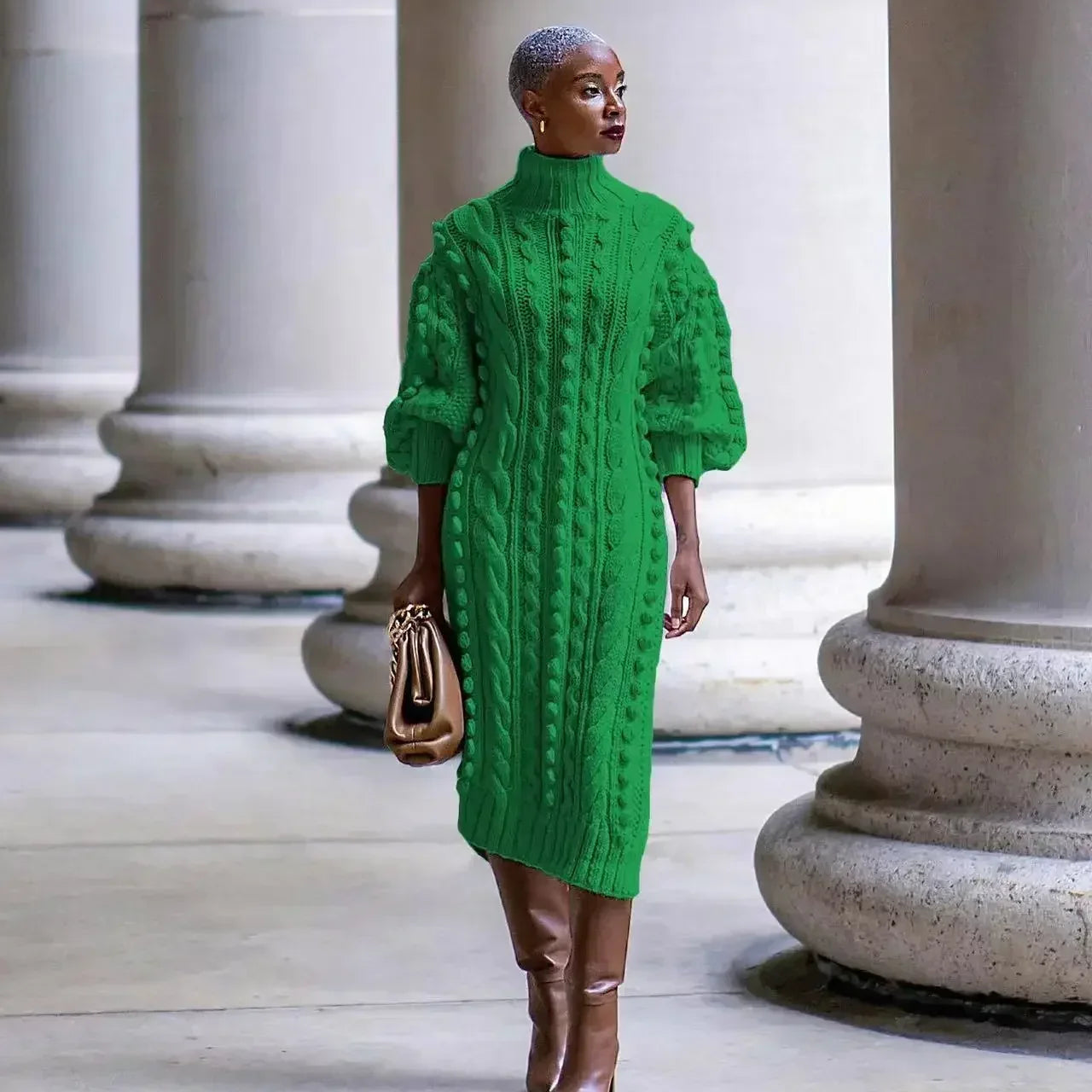 New Autumn Women Long Sleeve Turtleneck Knitted Dress Sexy High Split Sweater Dress Casual Warm Winter Thicken Dress Female green LYQ275