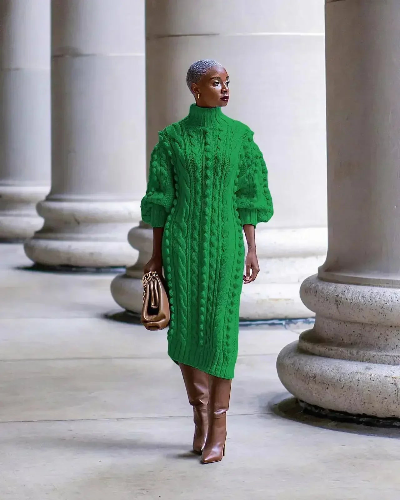 New Autumn Women Long Sleeve Turtleneck Knitted Dress Sexy High Split Sweater Dress Casual Warm Winter Thicken Dress Female green LYQ275