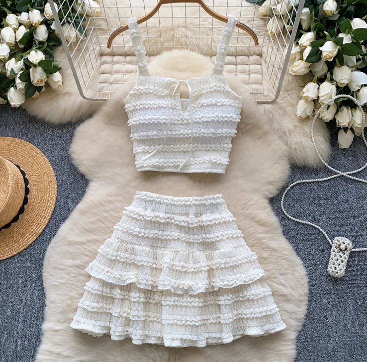 Beach Boho Women's Set Strap Sleeveless Tank Top and Ruched Mini A-line Skirts Two 2 Piece Sets 2025 Summer Outfits APRICOT One Size