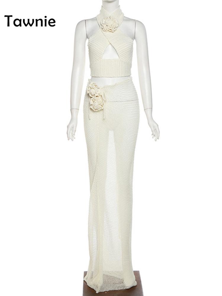 Tawnie Y2K Floral Appliques Knitted 2 Piece Sets Women 2024 Summer Sexy Halter Crop Top Split Maxi Skirt Sets Party Club Outfits