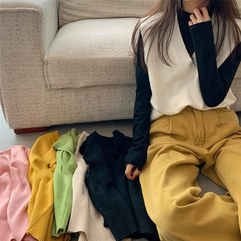 Women Knitted Sweater Vest Spring Autumn Short Loose Vintage Sweater Sleeveless Girls V-Neck Pullover Tops Female Outerwear
