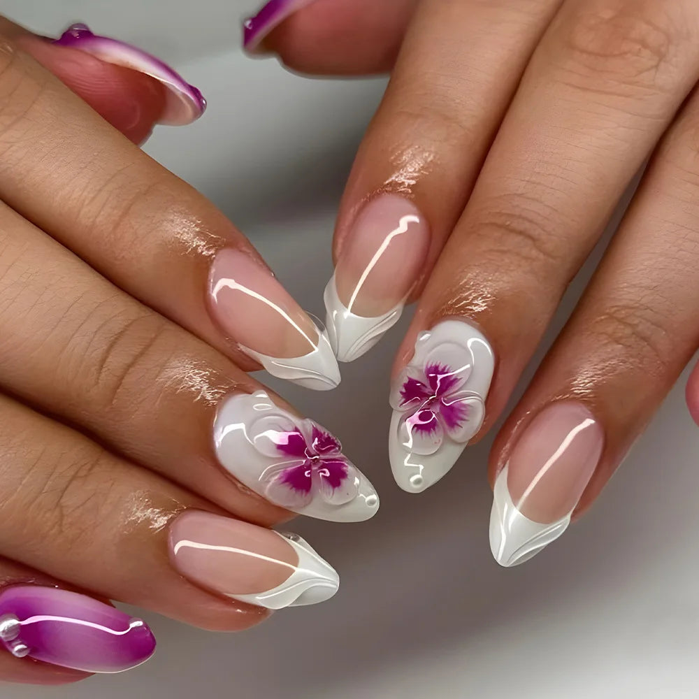 24Pcs Almond Shape Head Press on Fake Nails Short Round Head Full Cover Nail Tip Art Starfish Design French Colorful False Nails 227