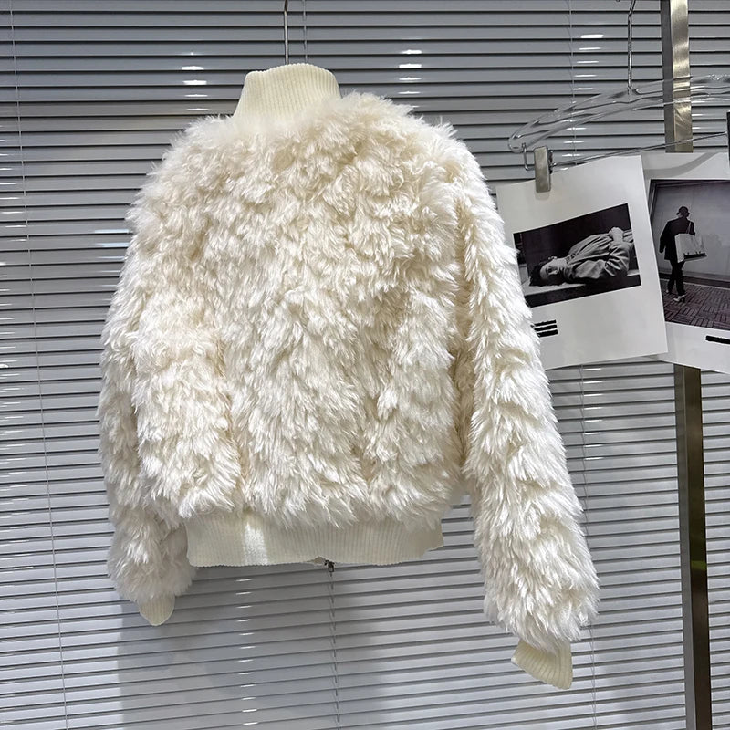 Winter New Sweet Fashion Fur Patchwork Knitted Quilted Short Coat For Women Solid Color Soft Jacket Female 11A07455