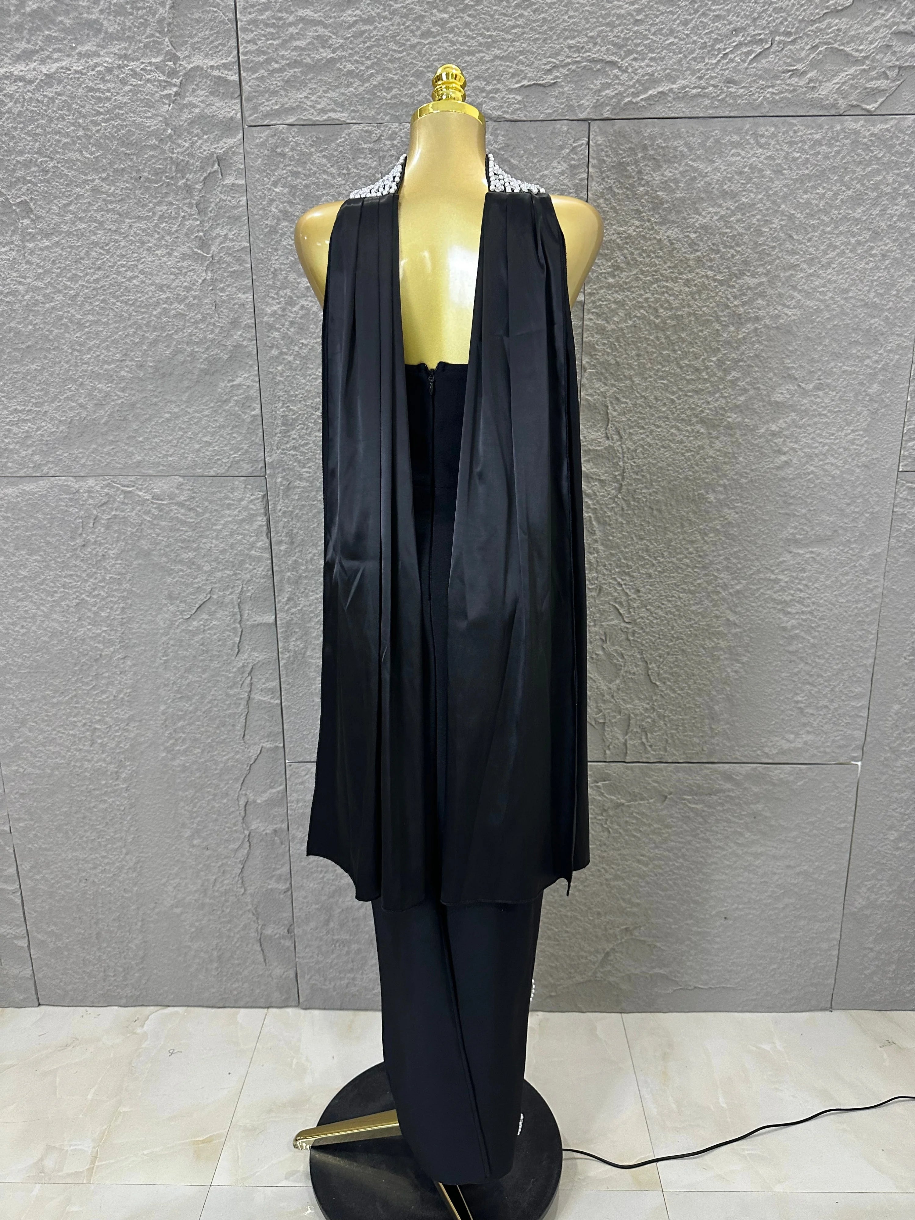 Sexy Black Pearl Studded Maxi Dress Halter Cape Bandage Bodycon Stage Birthday Party Nightclub Celebrate Photo Shoot Out