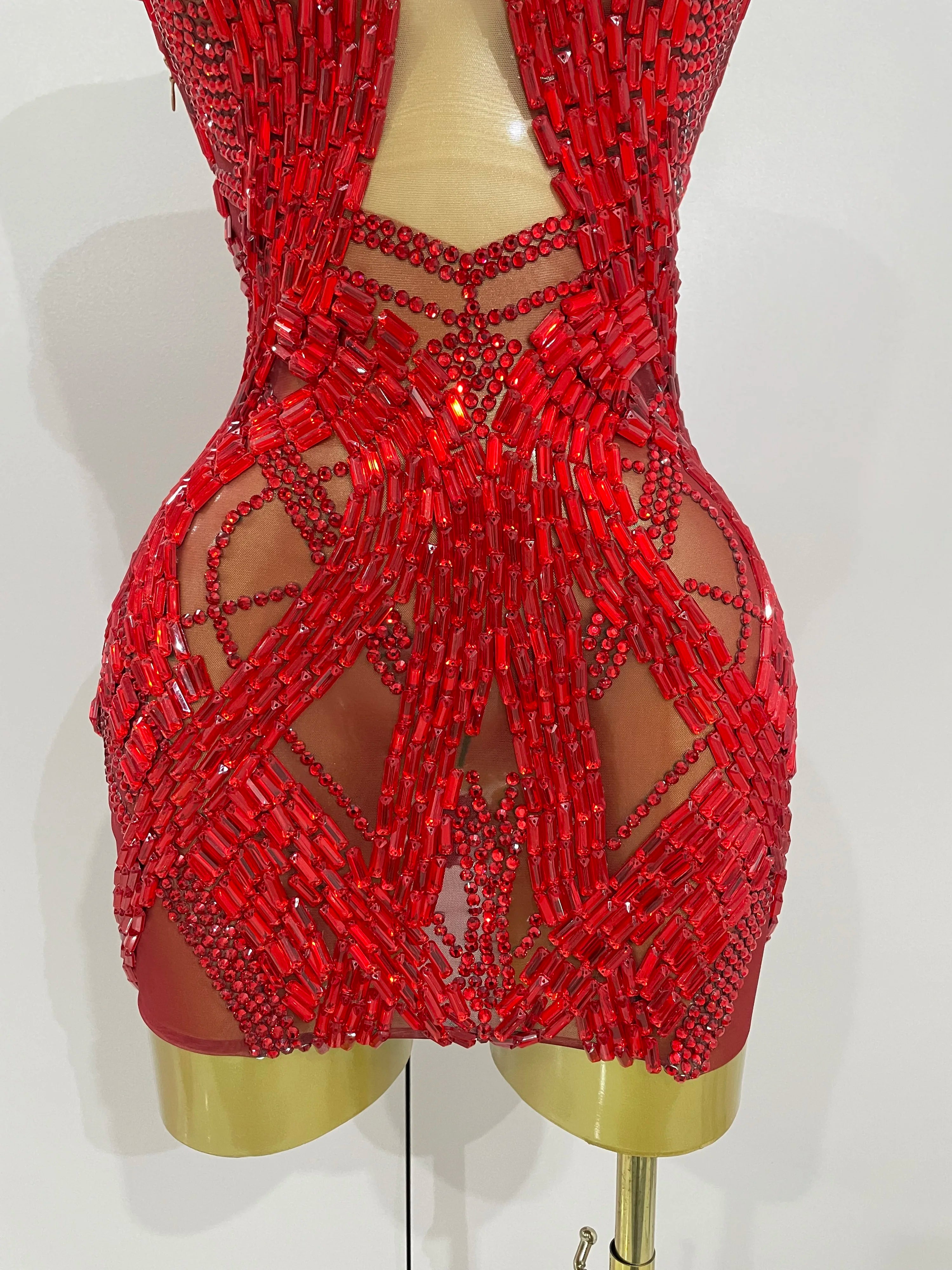2025 Shining Red Rhinestones Sexy Mesh See-Through Mini Dress Women Celebrate Evening Prom Birthday Party Dress Stage Shoot Wear