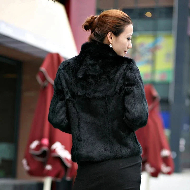 New Autumn Winter Real Genuine Rabbit Fur Coat Women Full Pelt Real Rabbit Fur Jacket Fashion Fur Mandarin Collar Overcoats