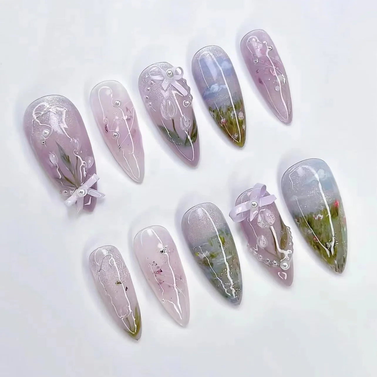 24Pcs Almond False Nails with Broken Diamond Fashion Green Flower Design Nail Art Tips Wearable Full Cover Press on Fake Nails 3398
