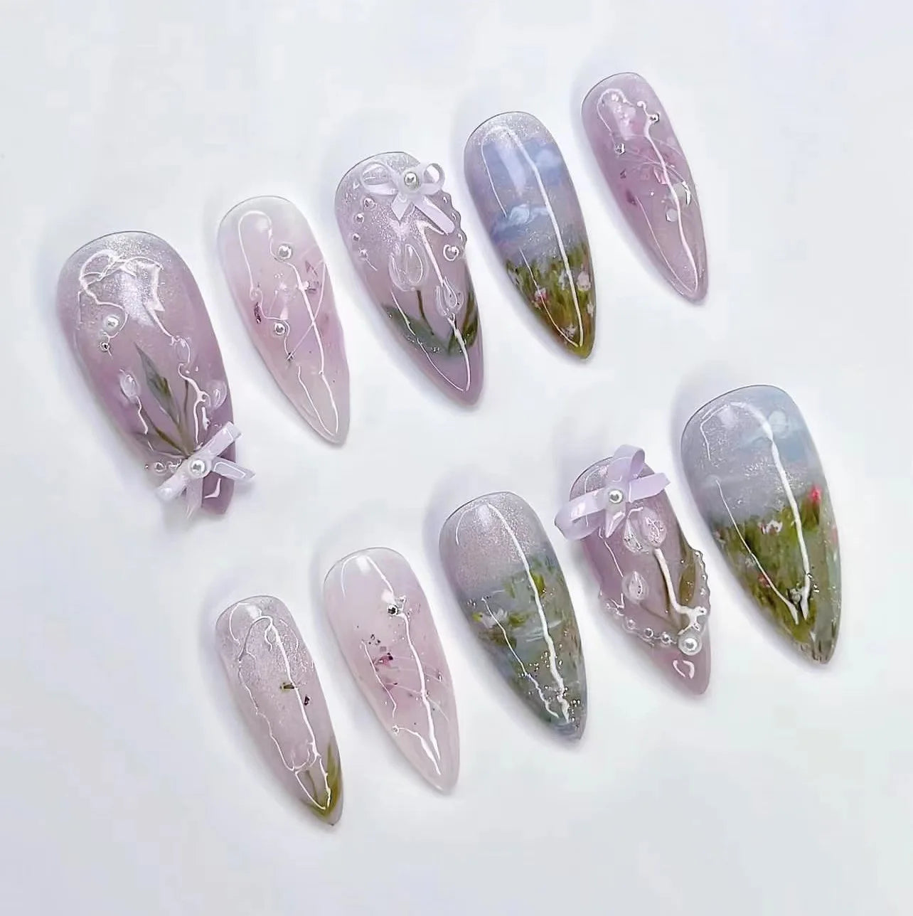 24Pcs Almond False Nails with Broken Diamond Fashion Green Flower Design Nail Art Tips Wearable Full Cover Press on Fake Nails 3398