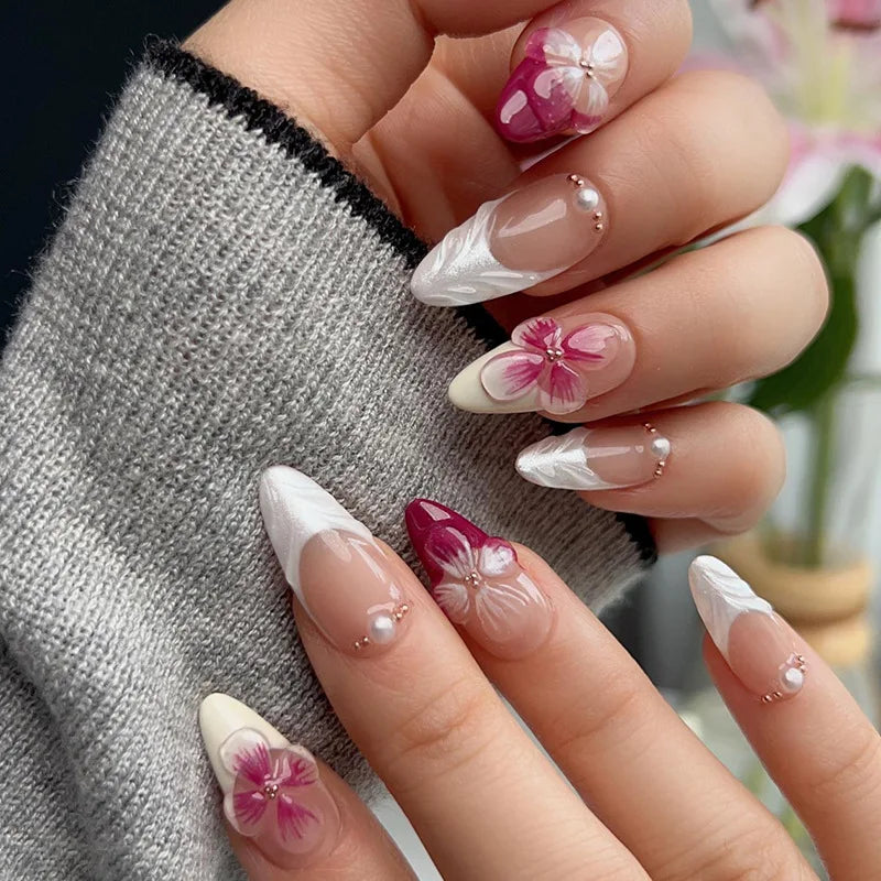 24Pcs 3D Shell Pattern Press on False Nails with Green Camellia Design Short Round Head Wearable Almond French Fake Nail Set 967