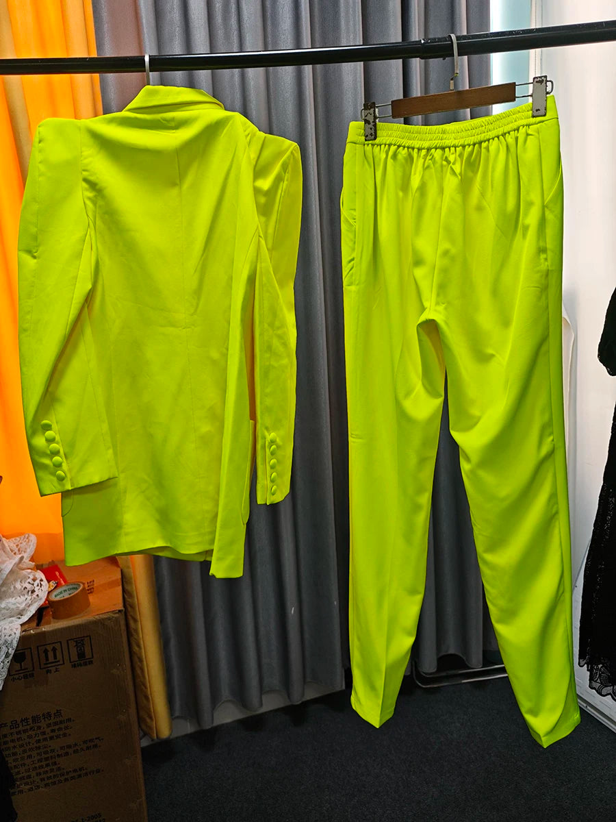 Solid Two Piece Set for Women Lapel Long Sleeves Patchwork Pockets Loose Blazer High Waist Pant Sets Female Clothes