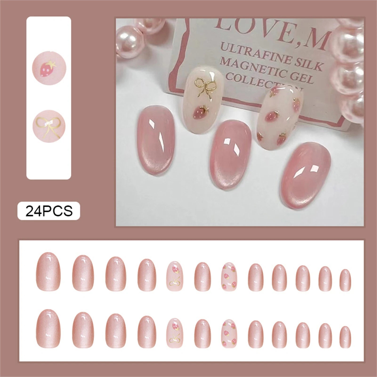 24pcs Shiny Green Cat Eye False Nails Cute Seal Print Fake Nails Tips Wearable Reusable Glossy Short Round Press on Nails 6