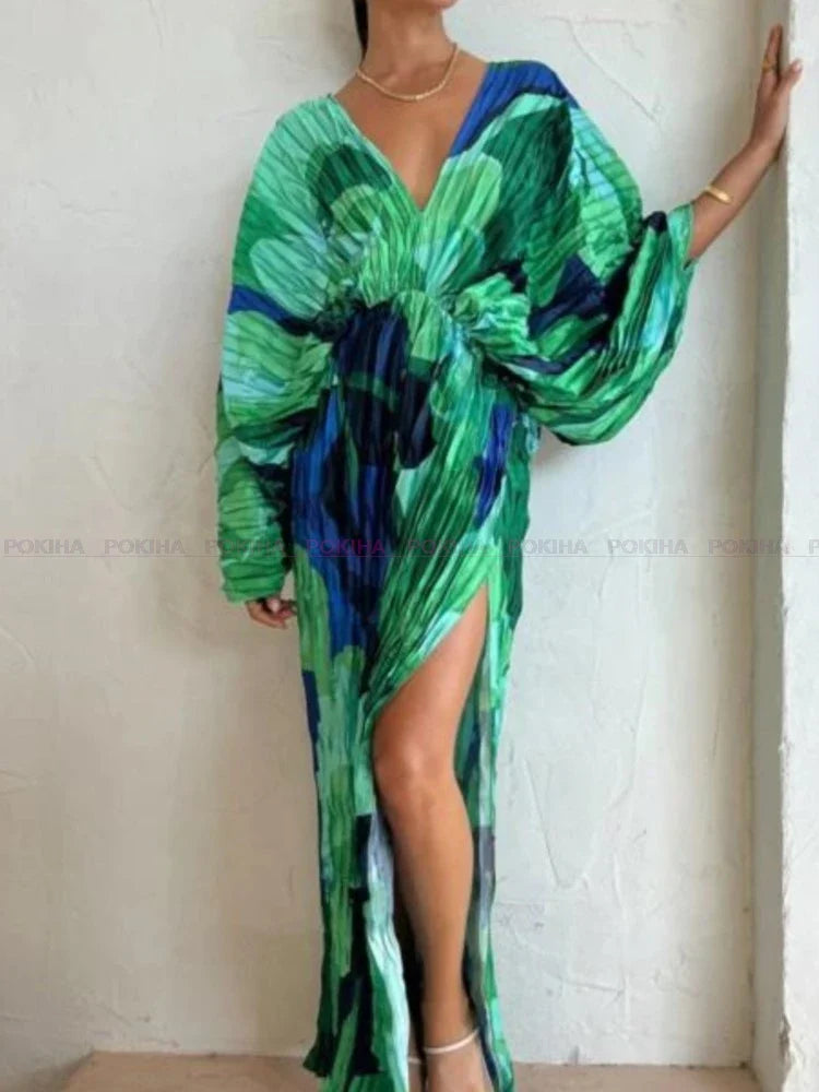CIL V-neck Loose Backless Baggy Sleeve Women Split Maxi Dress Vintage Printed Vacation Elegant Pleated Long Dress Vestido