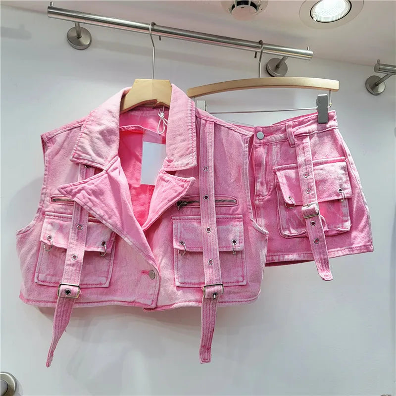 Retro Pink Large Pocket Denim Suit Spring Summer Sleeveless Short Vest High Waist Hip Wrapped Skirt 2 Pieces Sets Women Outfits Pink