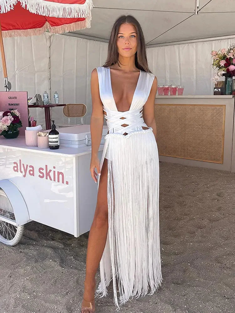 White Bandage Tassel Patchwork Hem Long Dress Women Sexy Off Shoulder Sleeveless Backless Dresses Lady Beach Party Robes