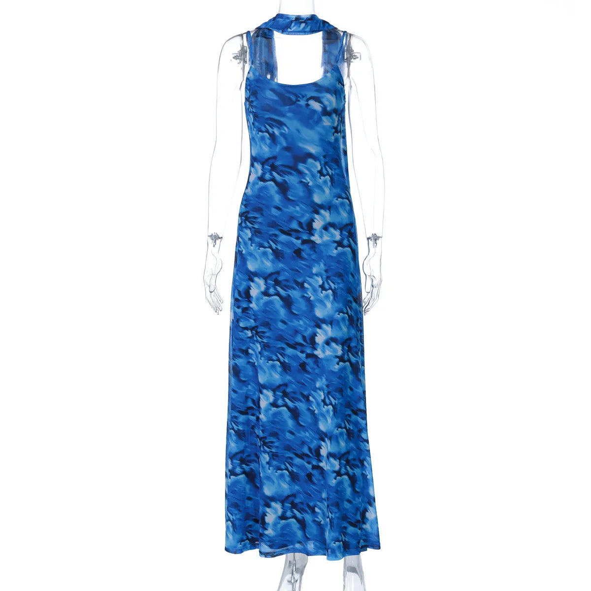 Halter Backless Print Sexy Maxi Dress For Women Gown Elegant Blue Printed Lace-up Sleeveless Evening Long Dress Blue