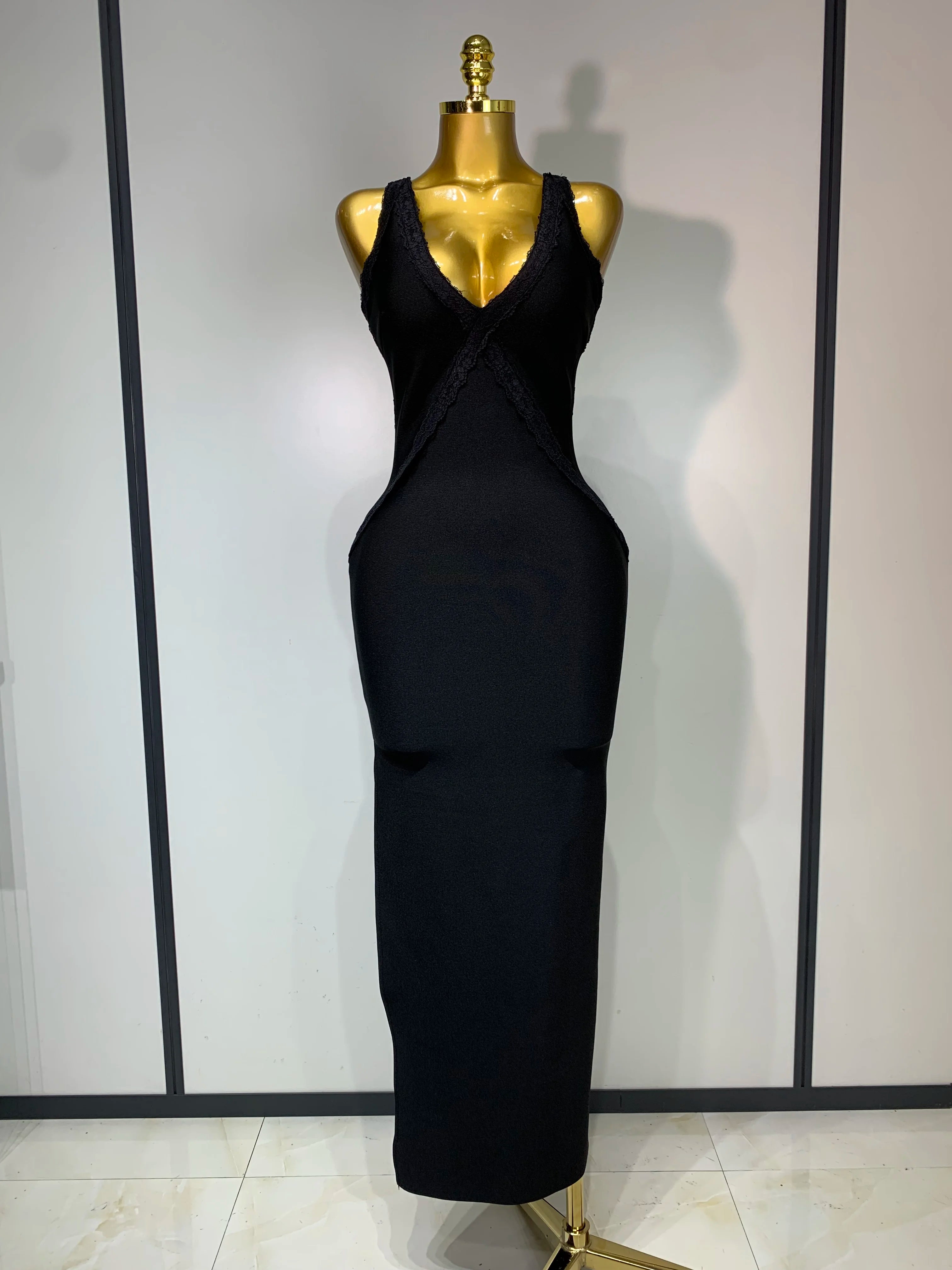 Sexy V Neck Black Lace Prom Dress Sleeveless Evening Party Gown Celebrity Elegant Luxury Birthday Club Dresses black