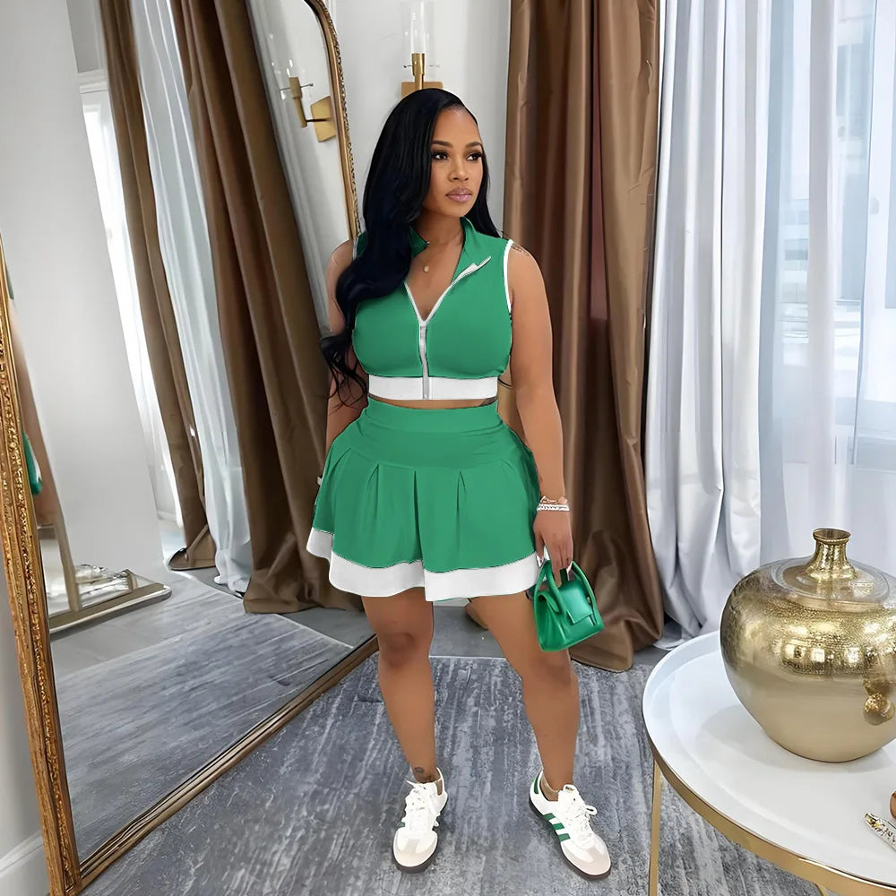 CM.YAYA Women's Set Sleeveless V-neck Vest + Pleated Skirts 2025 Summer Cute Street Beach Two 2 Piece Sets Outfits Tracksuit