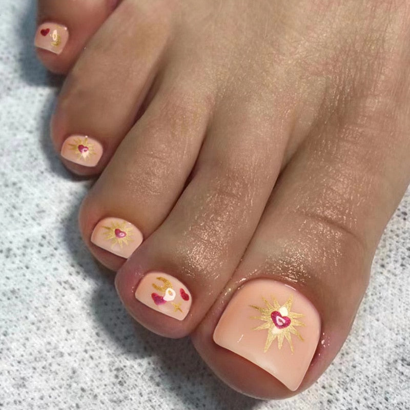 Toe Nails Set French Press on Foot Tips Fake Nail Tips with Designs Summer Reusable Artificial False Stick-on Nails Art 24pcs 2478