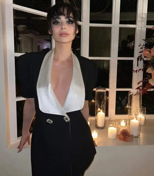 Sexy V Neck Puff Sleeve Back Bow Mini Dress Women Fashion Button Decor Slim Fit Dresses Elegant Female Banquet Vestidos Black