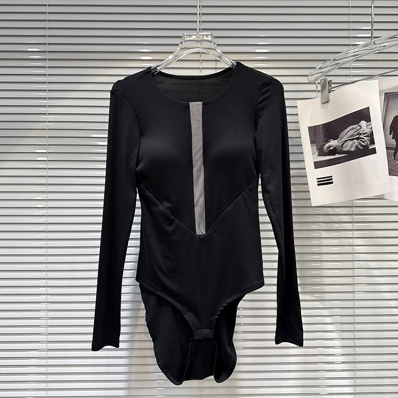 Winter New Fashion Contrast Color Chest Pad Base Shirt Slim Fit Jumpsuit For Women T-Shirt Female 11A07662 Black