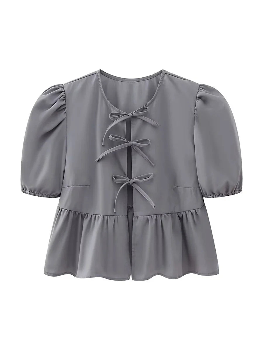 wsevypo Chic Summer Babydoll Shirts Solid/Stripe Short Women's Puff Sleeve Round Neck Tie-Up Front Peplum Blouses Top for Street G