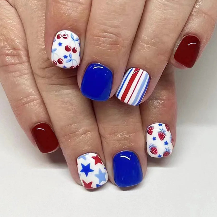 24pcs/set short square fake nails for US Independence Day blue red white star strawberry with glitter press on false nail tips 1368