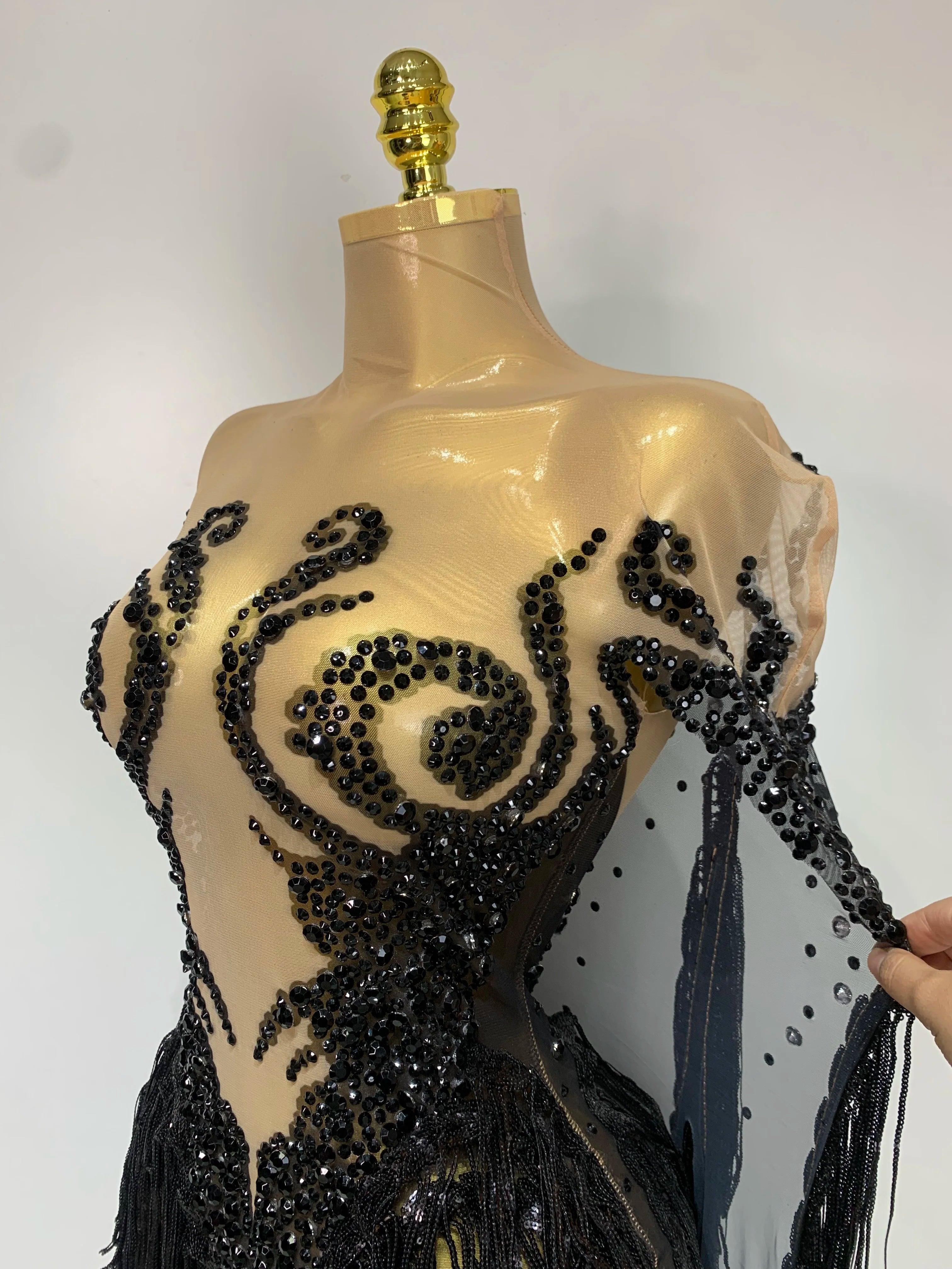 Sexy Sparkly Rhinestone Sequins Tassel Mesh Transparent Dress Women Evening Birthday Party Nightclub Dance Singer Stage Outfit