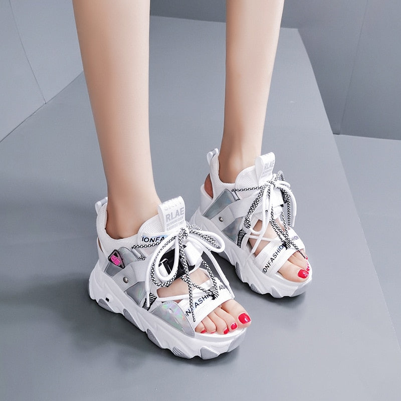 Women Chunky Platform Sandals Designers New Brand 2024 Summer Beach Casual Shoes Woman Lace Up Wedges 9CM Fashion Sandal Ladies2