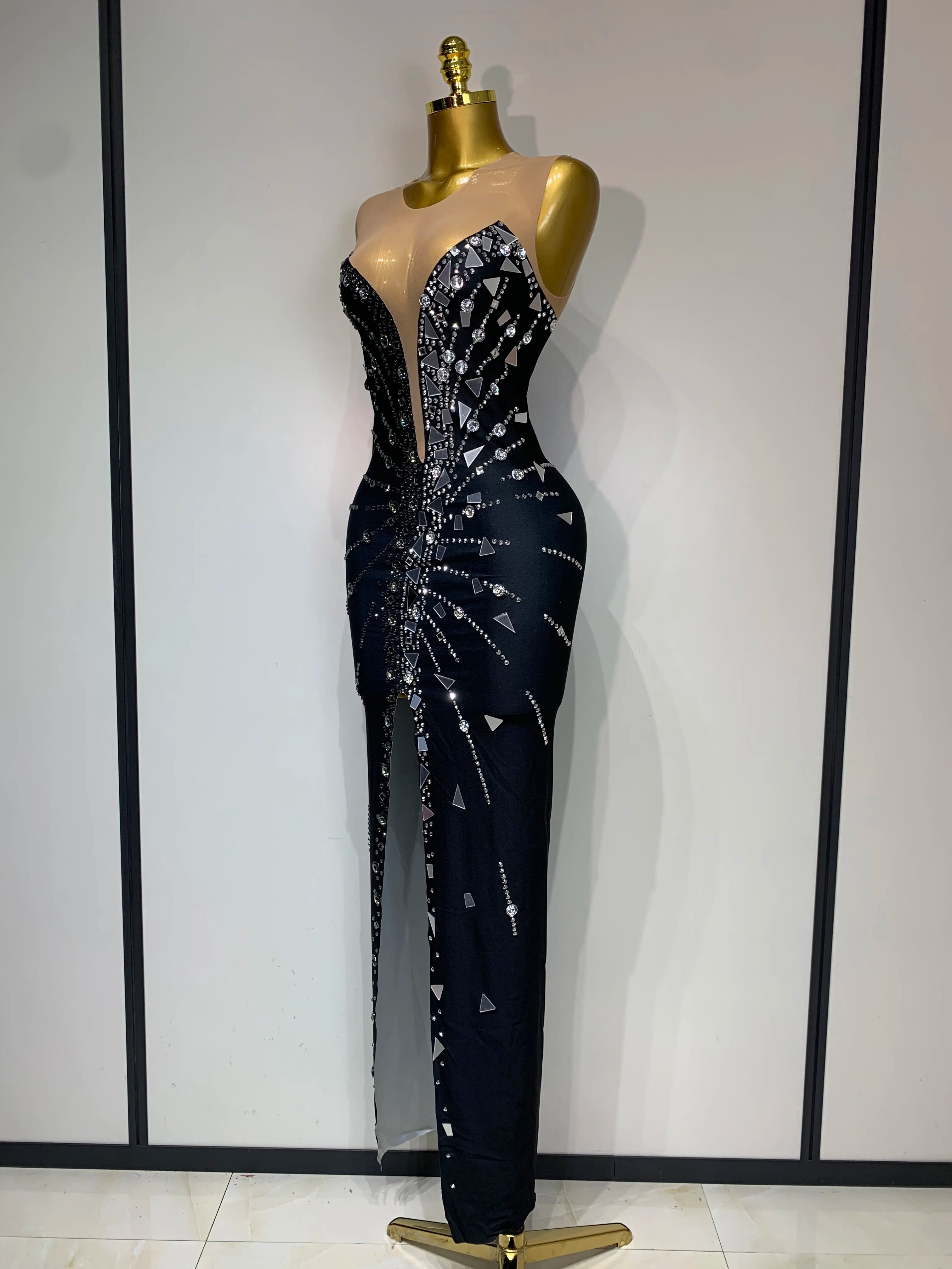 Black bowknot Lens Patchwork Dress Rhinestones Dress Women Party Long Dress Celebrate Evening Prom Dress Stage Festival Outfit