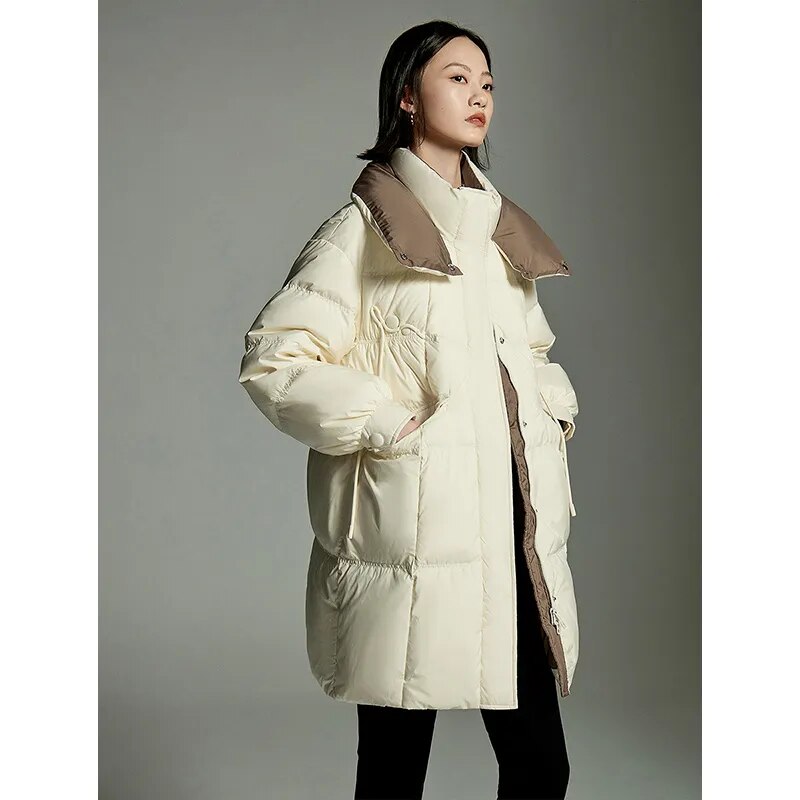 Toyouth Women White Duck Down Jacket 2024 Winter Long Sleeve Double Layered Standing Collar Loose Thick Coat Chic Warm Overcoat