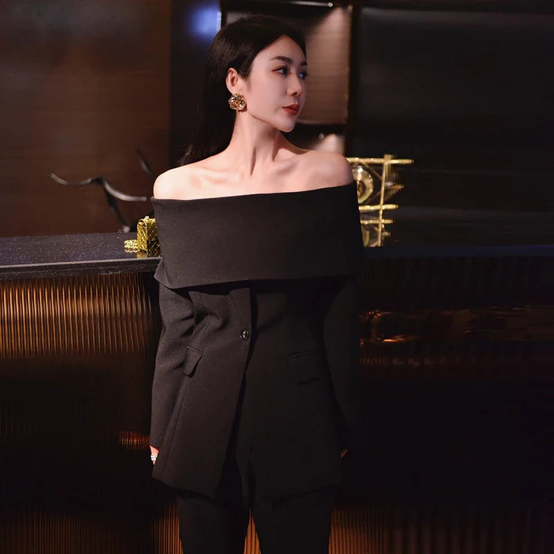 Slash Neck Chic Blazers For Women Off Shoulder Long Sleeve Patchwork Single Button Solid Coat Female Clothes 2022 Black