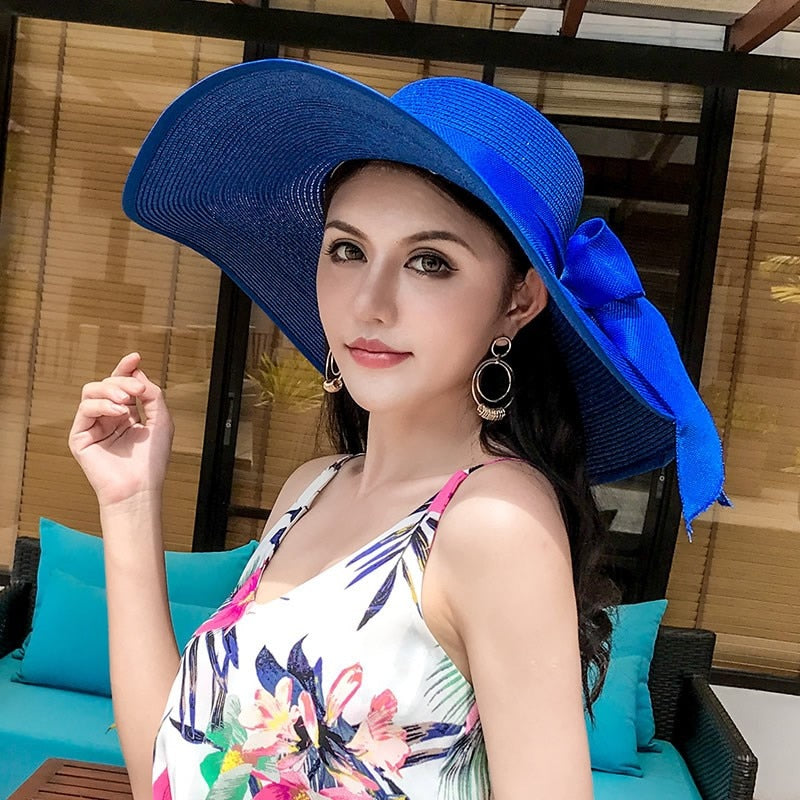 Seaside Photo Beach Straw Hat Children Summer Large Brim Sunscreen Shading Simple Fashion Large Brimmed Hat Sun Hat Beach Hat royal blue Adjustable 55 60cm